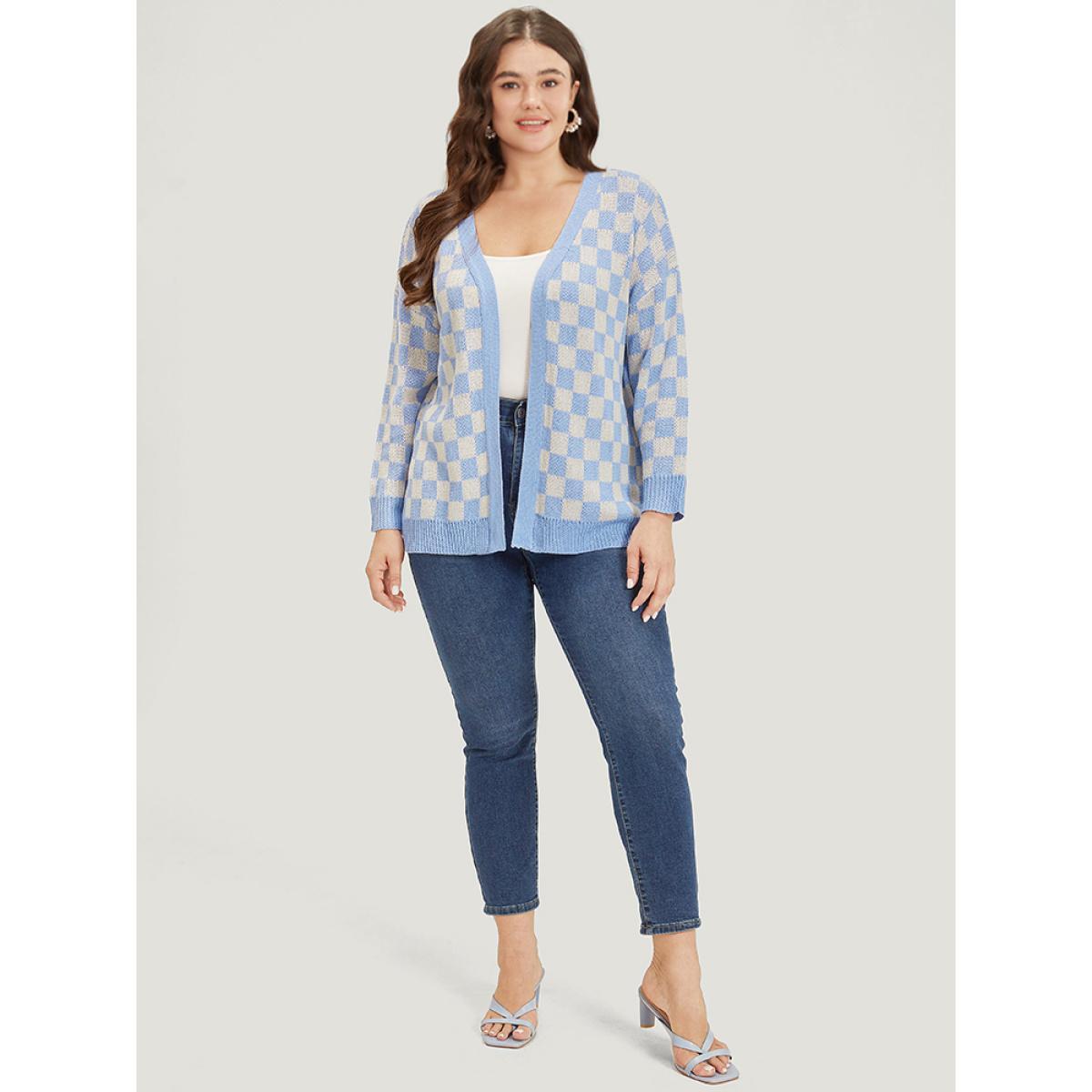 Plus Size Plaid Print Open Front Elastic Cuffs Cardigan LightBlue Women Casual Loose Long Sleeve Dailywear Cardigans BloomChic 30/6X Product Image