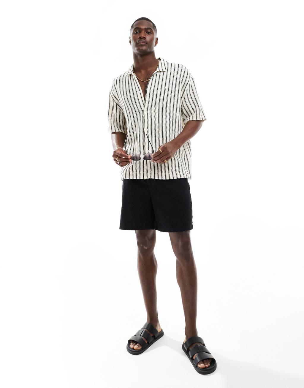 Bershka textured camp collar striped shirt in ecru  Product Image