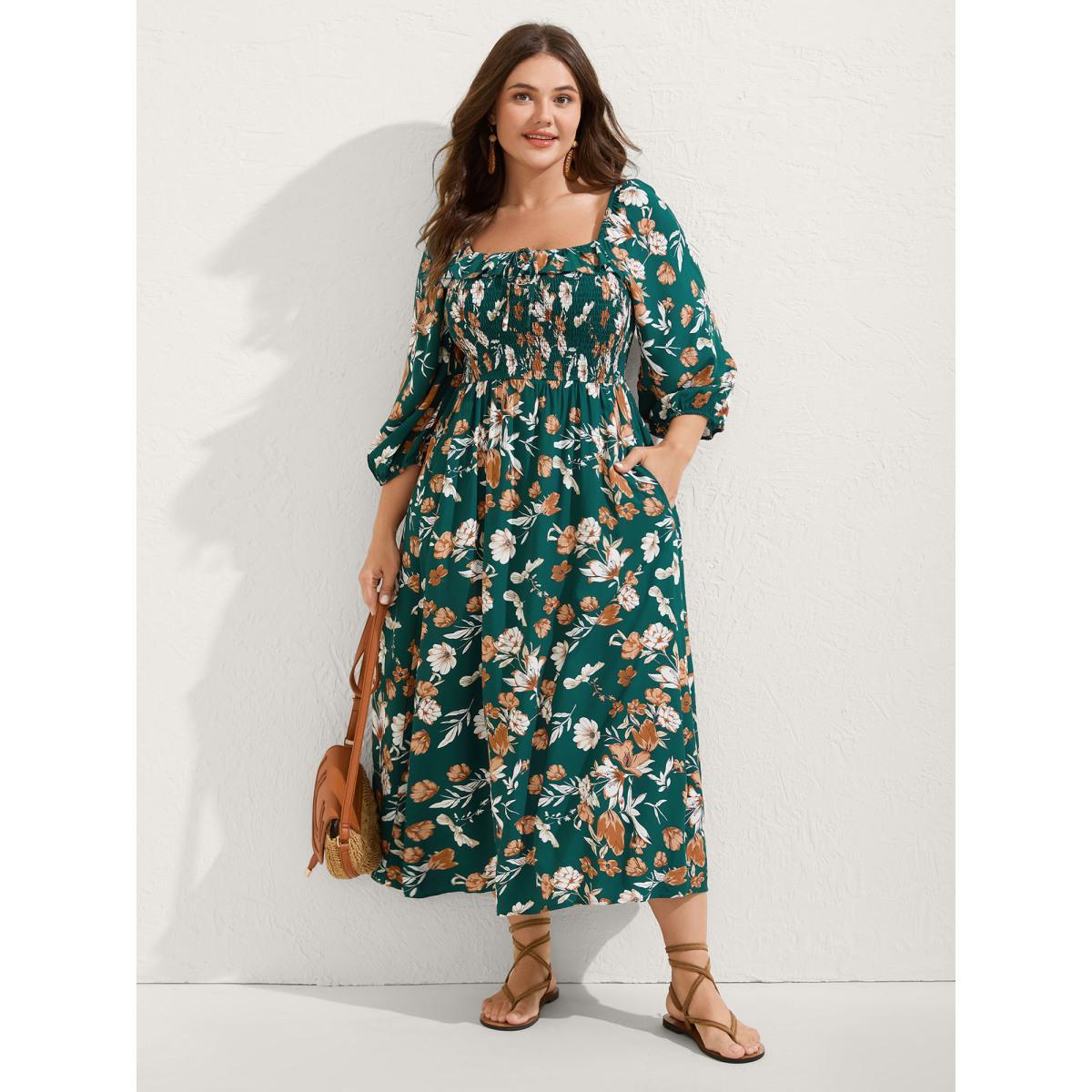 Plus Size Rayon Floral Shirred Stretchy Waist Midi Dress Cyan Women Square Neck Elbow-length sleeve Curvy BloomChic 28/5X Product Image