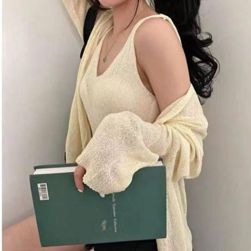 Set: V-Neck Plain Knit Crop Tank Top + Cardigan Product Image
