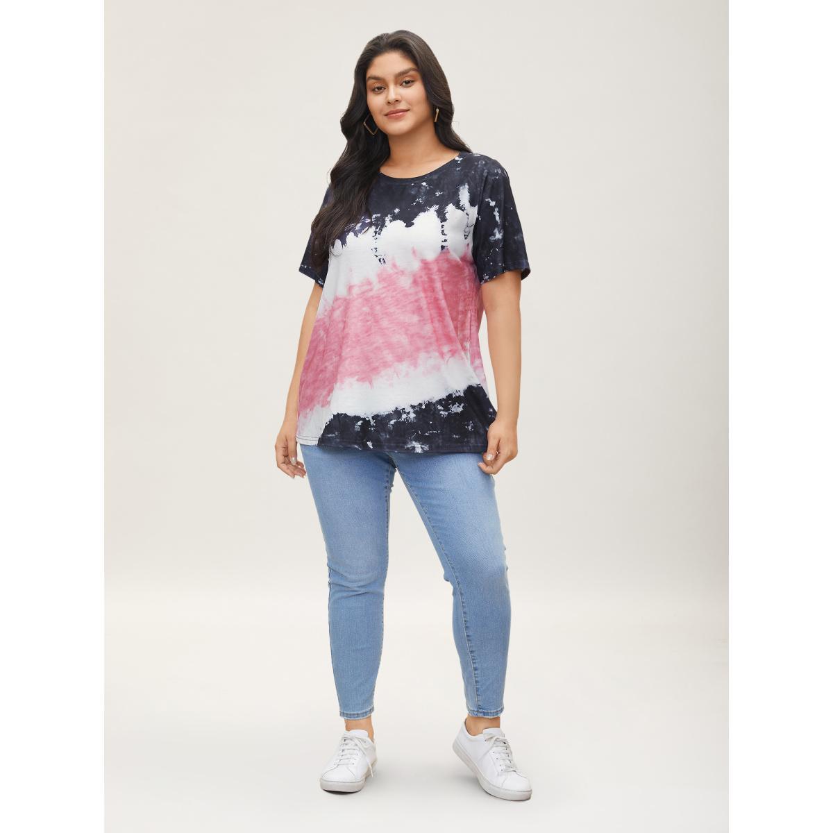 Plus Size Tie Dye Round Neck T-shirt Multicolor Women Casual Tie Dye Round Neck Everyday T-shirts BloomChic 28/5X Product Image