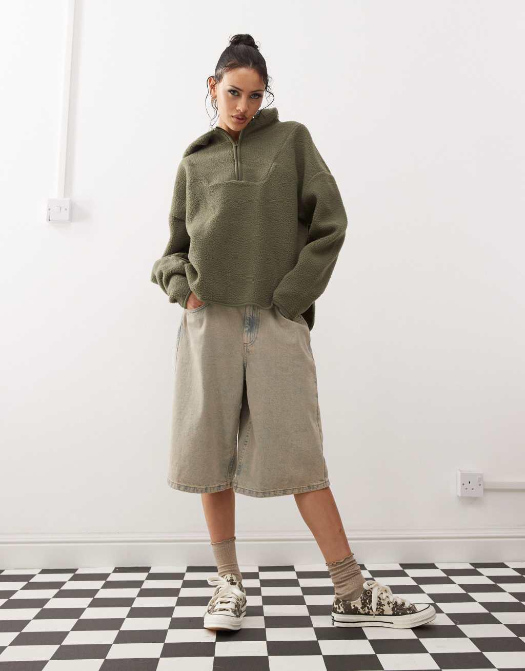 Noisy May quarter zip hooded fleece khaki Product Image