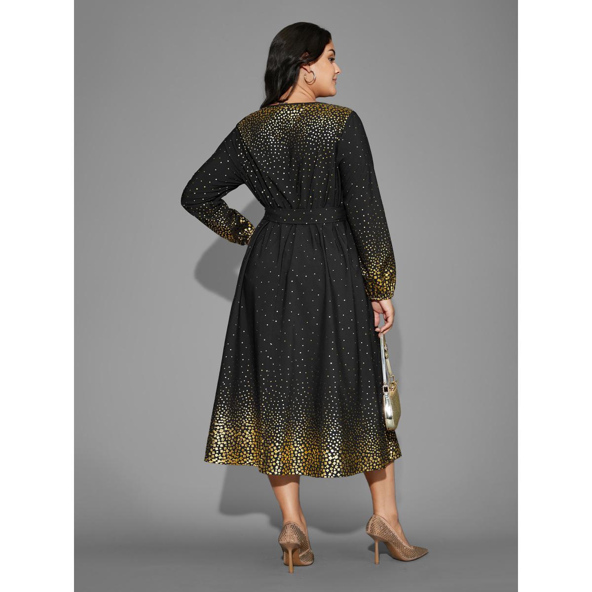 Plus Size Glitter Round Neck Belted Lantern Sleeve Dress Black Women Cocktail Texture Party Curvy Bloomchic 28/5X Product Image