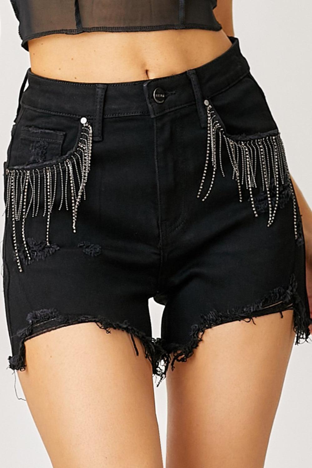 Risen Frayed Hem Denim Shorts with Fringe Pockets Product Image