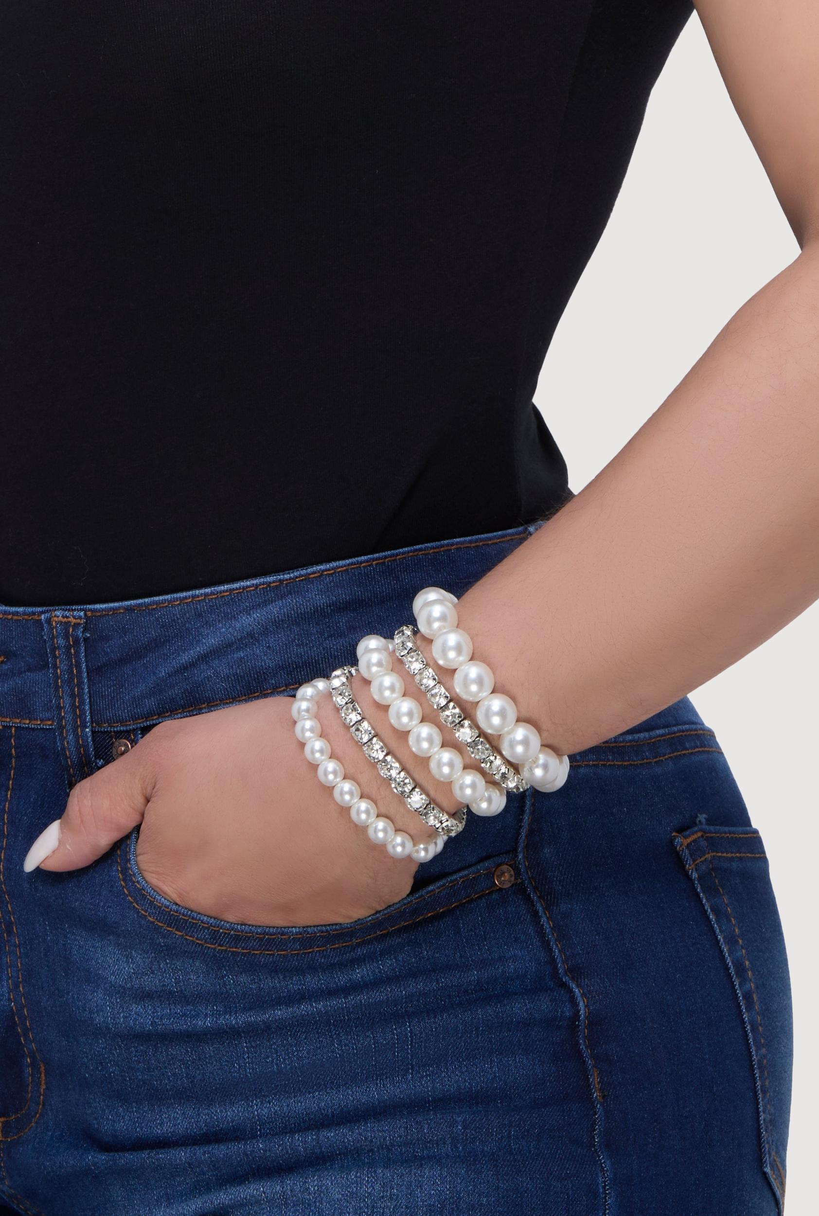 Faux Pearl Rhinestone Stretch Bracelets Set of 5 Female Product Image
