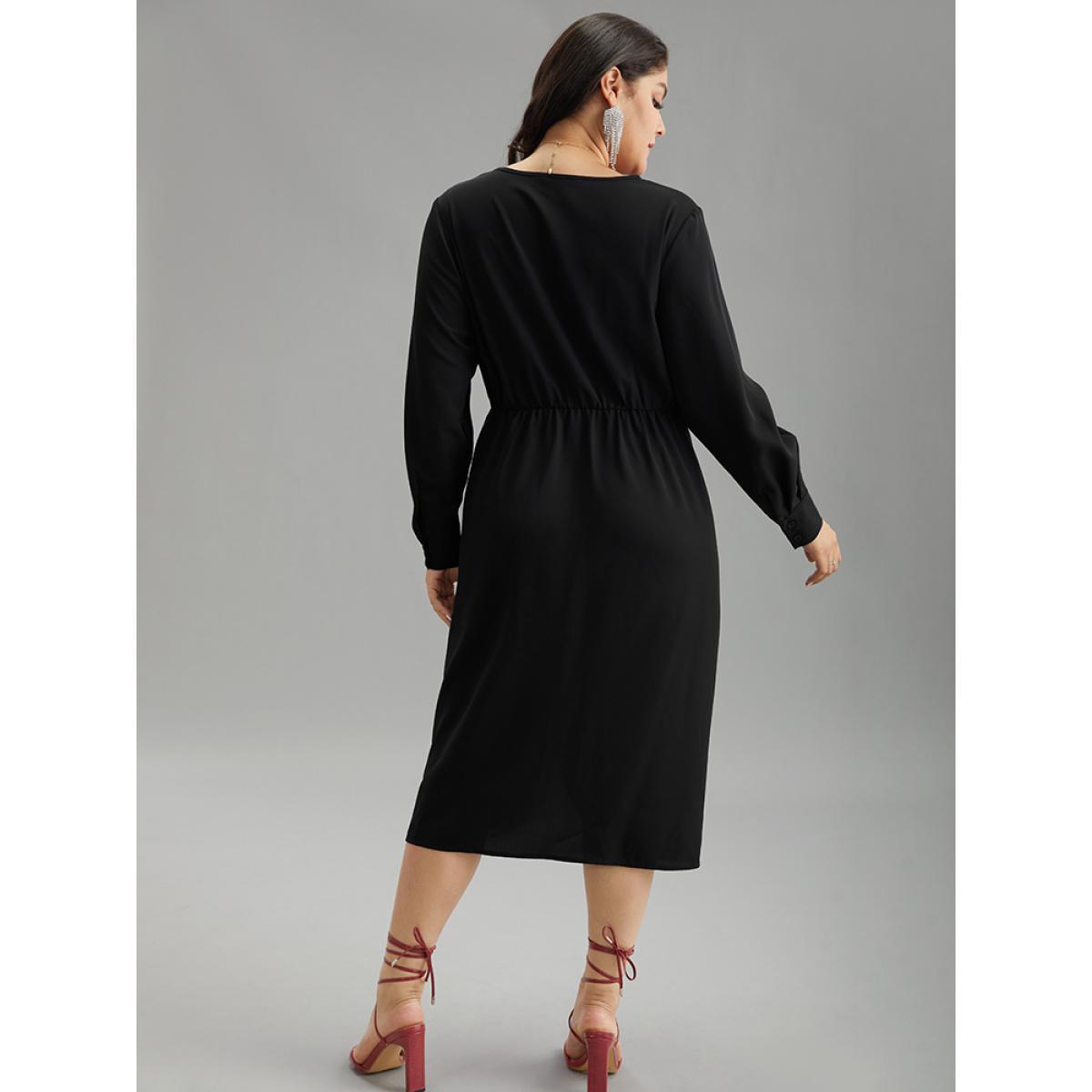 Plus Size Static-Free Solid Plicated Detail Wrap Dress Black Women Glamour Plain V-neck Long Sleeve Curvy Midi Dress BloomChic 22-24/3X Product Image