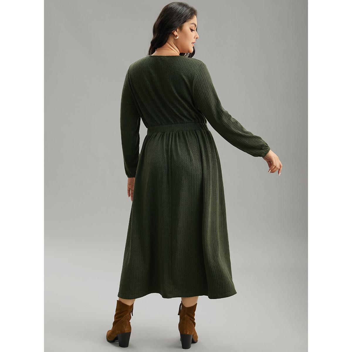 Plus Size Plain Plisse Elastic Cuffs Midi Dress ArmyGreen Women Elegant Elastic cuffs V-neck Long Sleeve Curvy Midi Dress BloomChic 28/5X Product Image