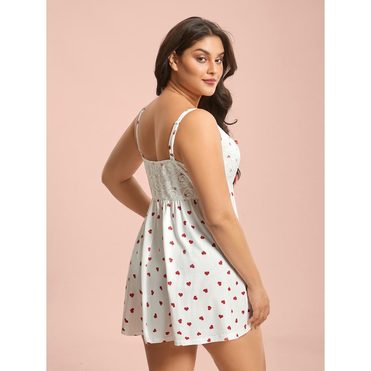 Plus Size Bow Lace Heart Print Lounge Dress Women Originalwhite Lounge Woven ribbon&lace trim V-neck Loungewear BloomChic 30/6X Product Image