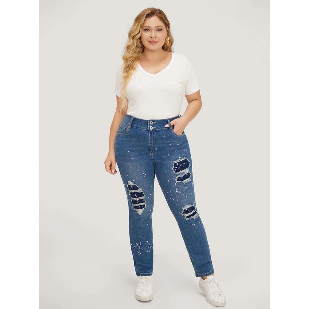 Plus Size Very Stretchy High Rise Medium Wash Paint Patched Jeans Women Blue Casual Plain Printed High stretch Pocket Jeans BloomChic 12/L Product Image