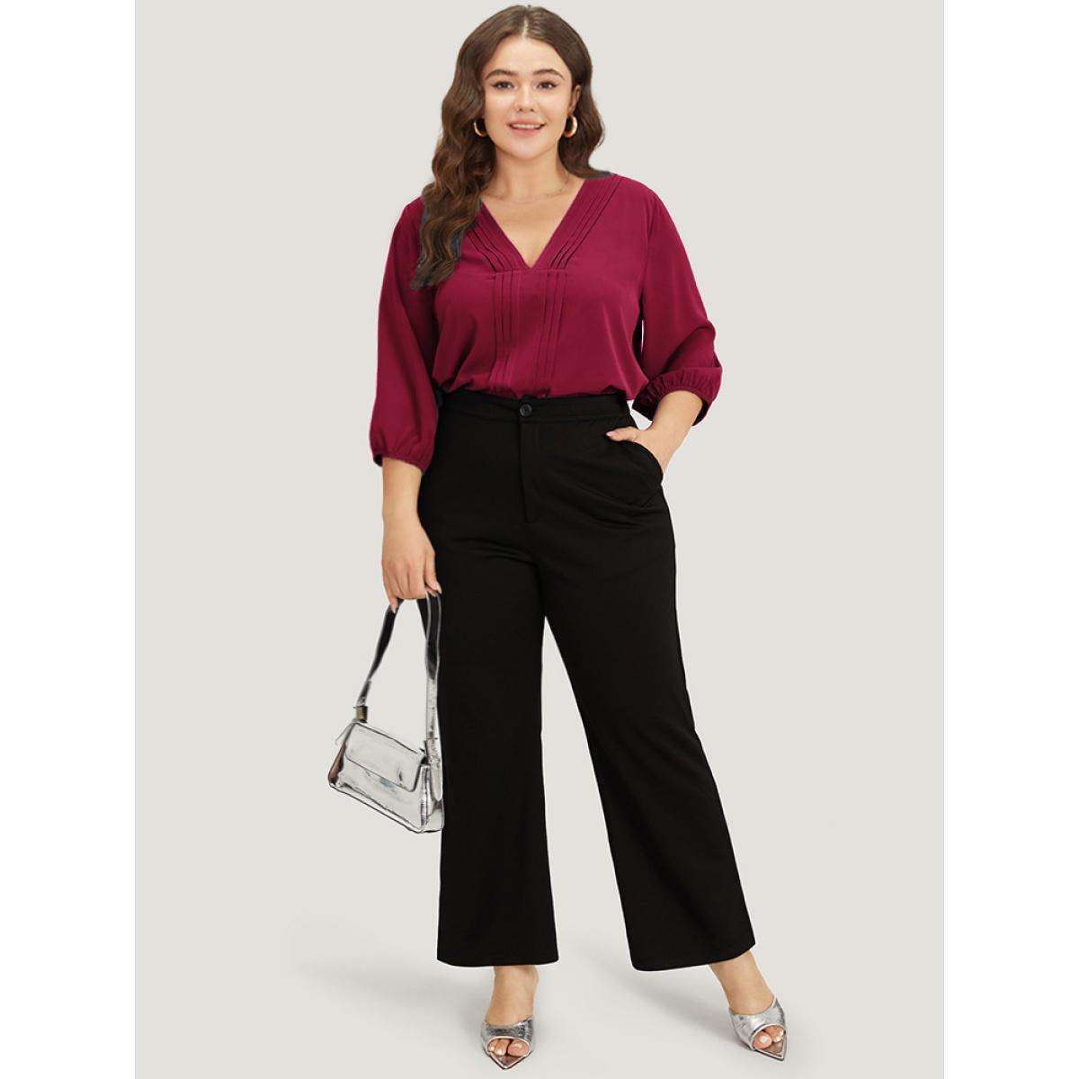 Plus Size Scarlet Plain Pleated Detail Elastic Cuffs V Neck Blouse Women Office Elbow-length sleeve V-neck Work Blouses BloomChic 28/5X Product Image