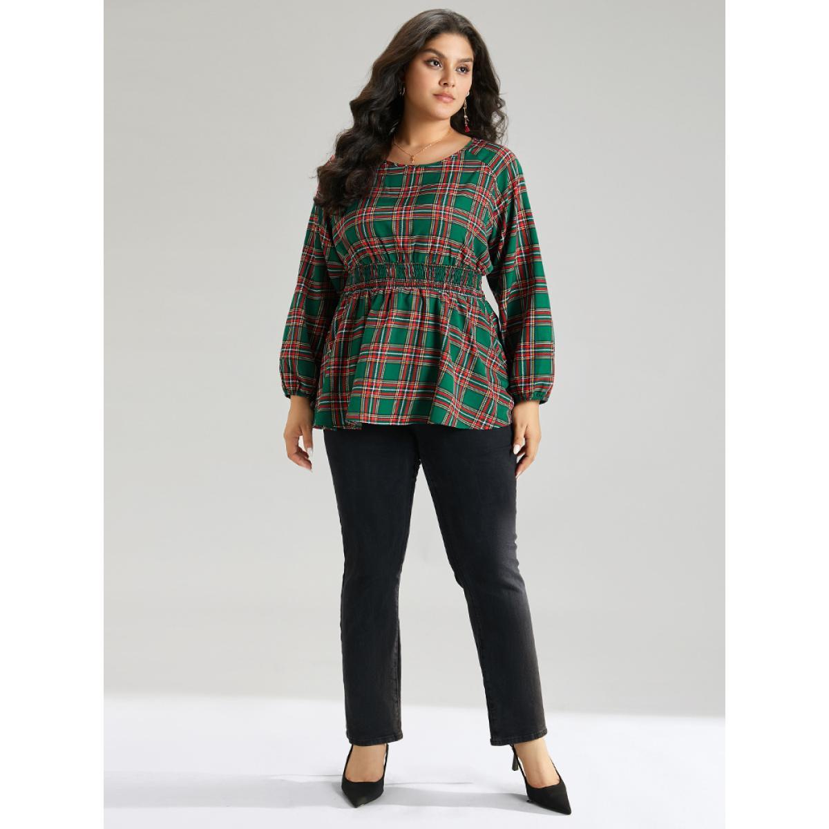 Plus Size Green Christmas Plaid Shirred Ruffle Hem Blouse Women Elegant Long Sleeve Round Neck Festival-Christmas Blouses BloomChic 14-16/1X Product Image