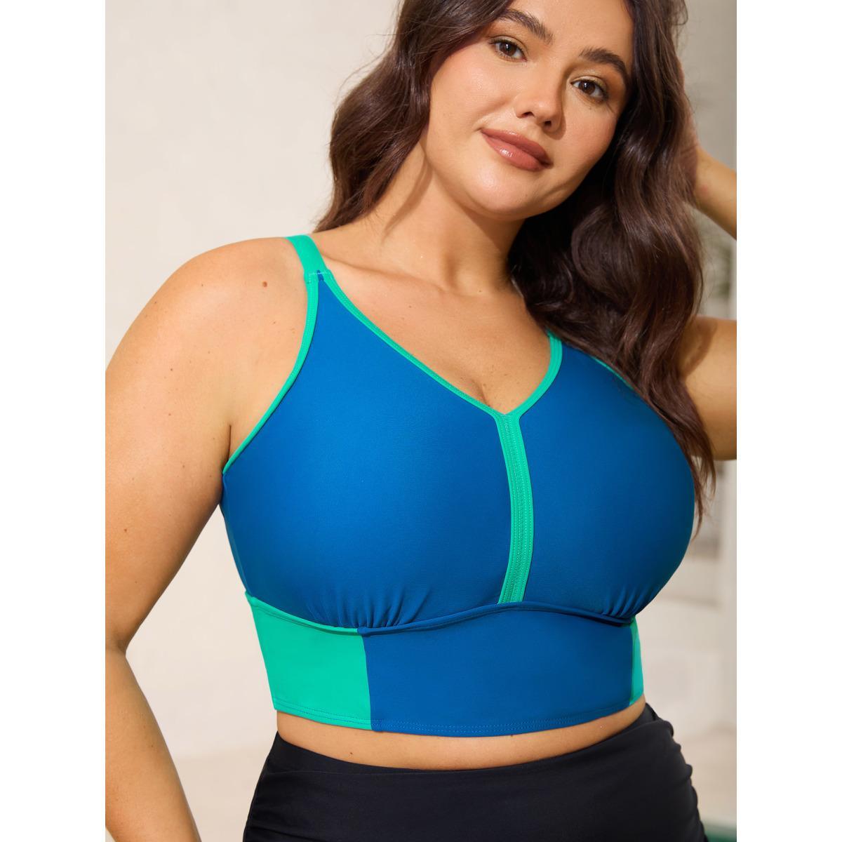 Plus Size Color Contrast V-Neck Swim Top Women's Swimwear Cerulean Beach High stretch Skinny U-neck Curve Swim Tops BloomChic 26/4X Product Image