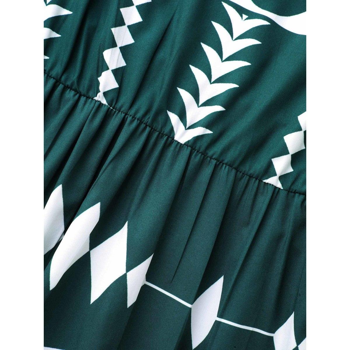 Plus Size Geometric Pattern Elastic Waist Midi Dress Cyan Women Resort Non Flat collar with V-notch Elbow-length sleeve Curvy BloomChic 14-16/1X Product Image