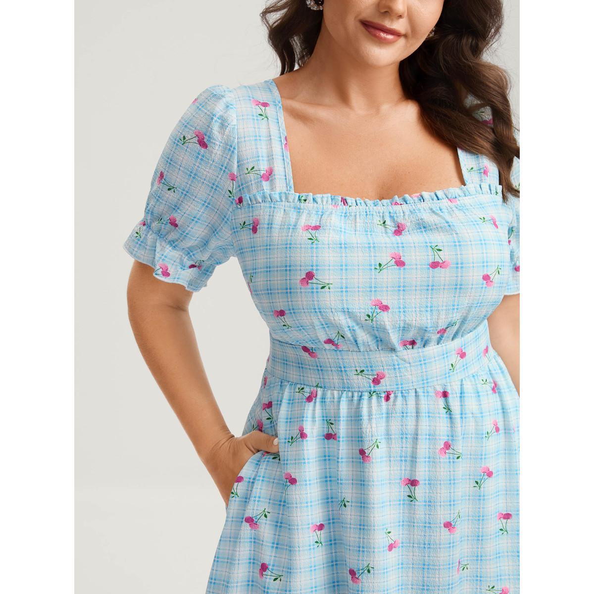 Plus Size Cherry Gingham Print Shirred Midi Dress LightBlue Women Square Neck Short sleeve Curvy BloomChic 18-20/2X Product Image
