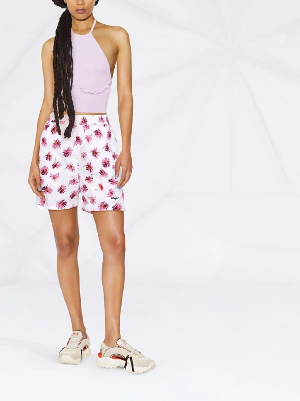 MSGM Floral-print Cotton Shorts In White Product Image