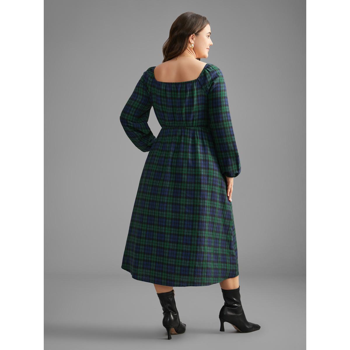 Plus Size Plaid Square Neck Shirred Midi Dress DarkGreen Women Elegant Shirred Square Neck Long Sleeve Curvy BloomChic 30/6X Product Image