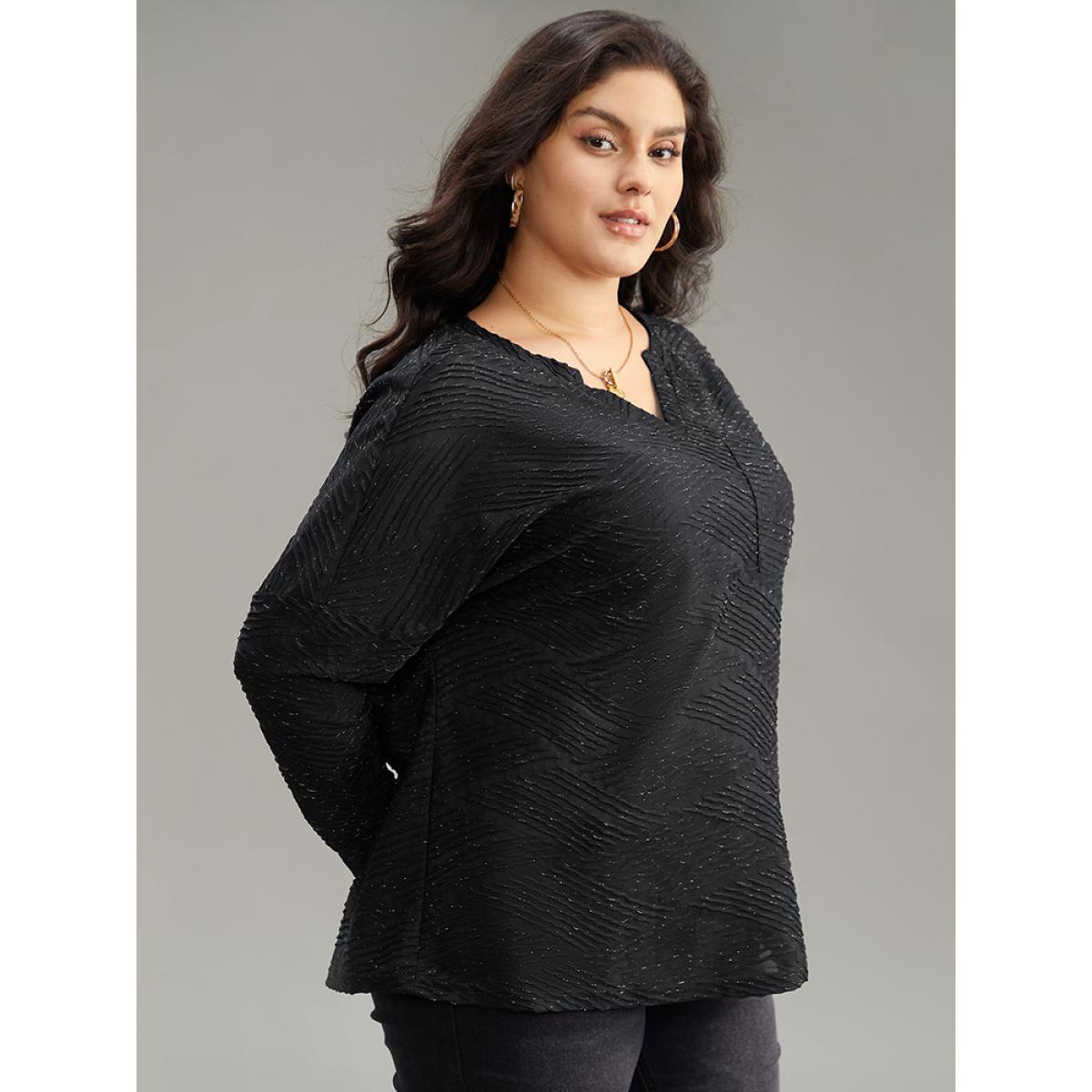 Plus Size Plisse Solid Notched Long Sleeve T-shirt Black Women Casual Texture Plain Notched collar Dailywear T-shirts BloomChic 14-16/1X Product Image