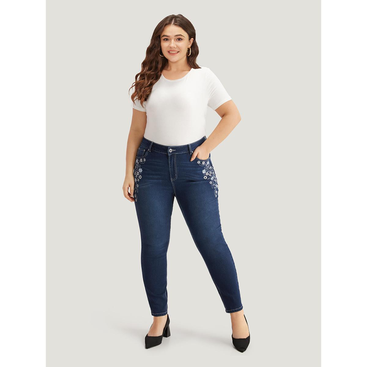 Plus Size Floral Embroidered High Rise Skinny Jeans Women DarkBlue Casual Natural Flowers Zipper High stretch Pocket Jeans BloomChic 14/1X Product Image