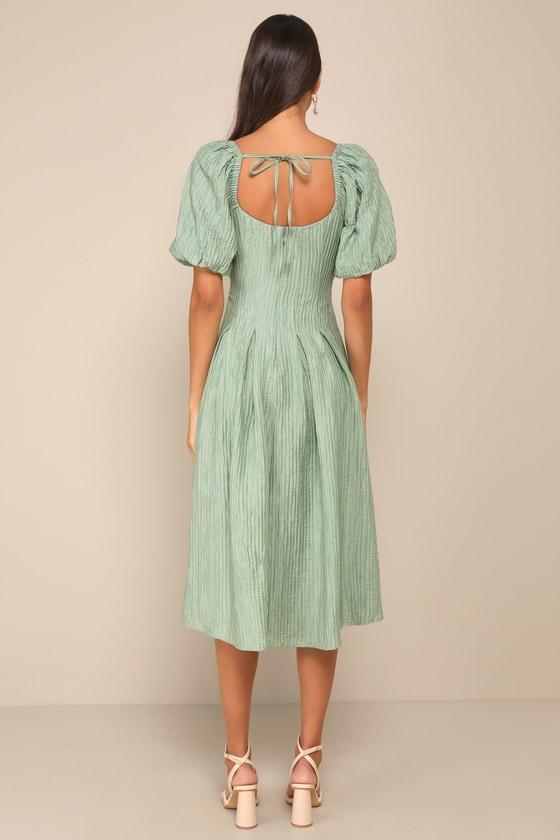 Heavenly Energy Sage Textured Puff Sleeve Pleated Midi Dress Product Image