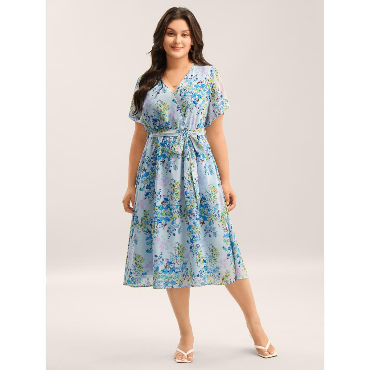 Plus Size Breezy Floral Lined Pockets Midi Dress LightBlue Women Overlap Collar Short sleeve Curvy BloomChic 22-24/3X Product Image