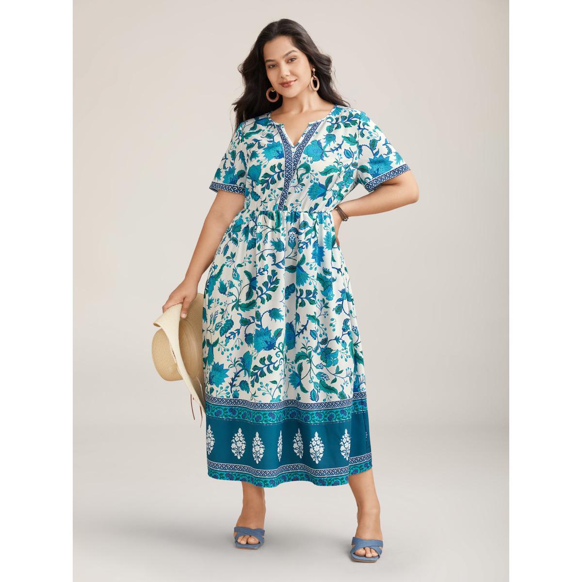 Plus Size Boho Print Notched Collar Midi Dress Teal Women Resort Non Flat collar with V-notch Short sleeve Curvy BloomChic 28/5X Product Image