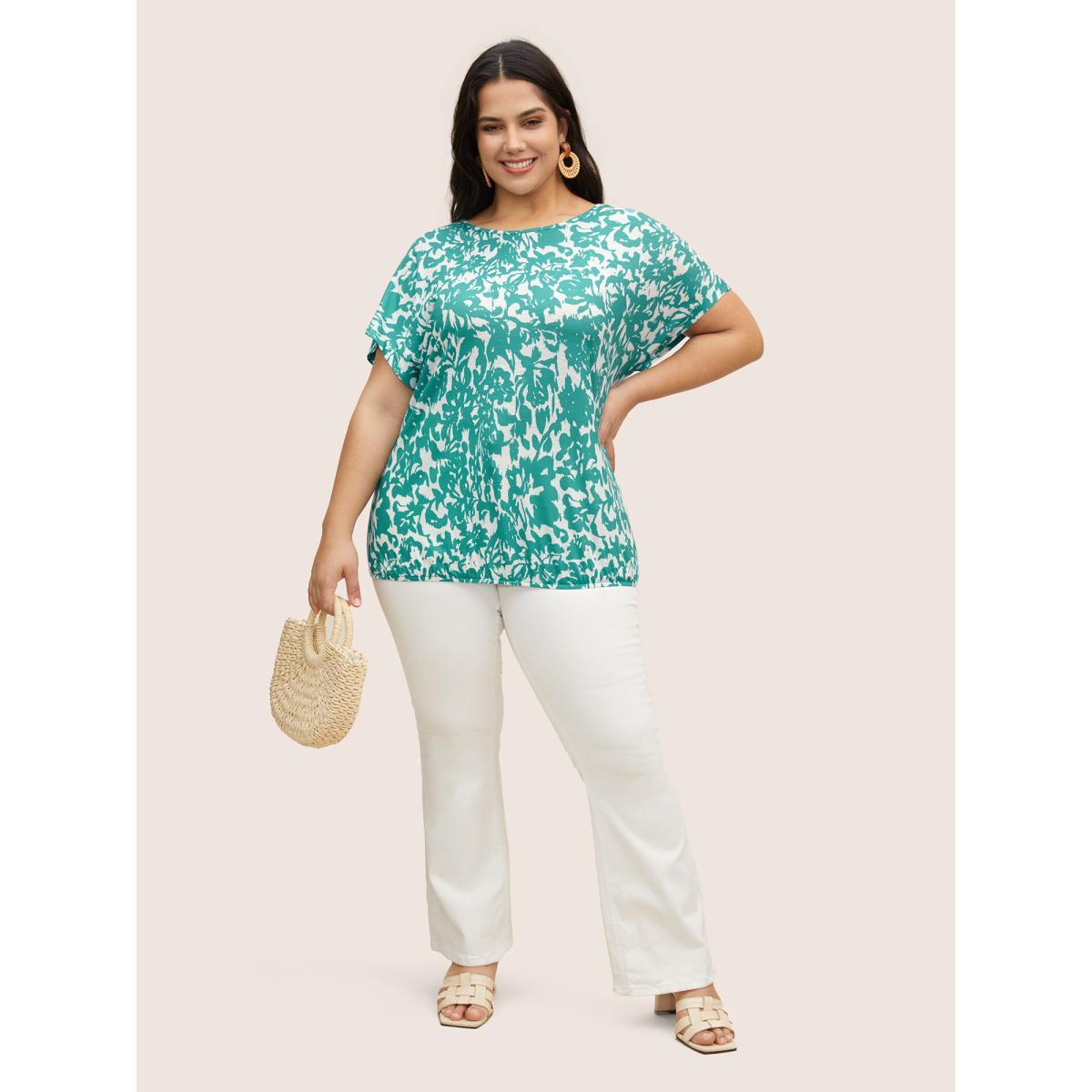 Plus Size Figurative Print Crew Neck Dolman Sleeve T-shirt Turquoise Women Resort Contrast Natural Flowers Round Neck Vacation T-shirts BloomChic 22-24/3X Product Image