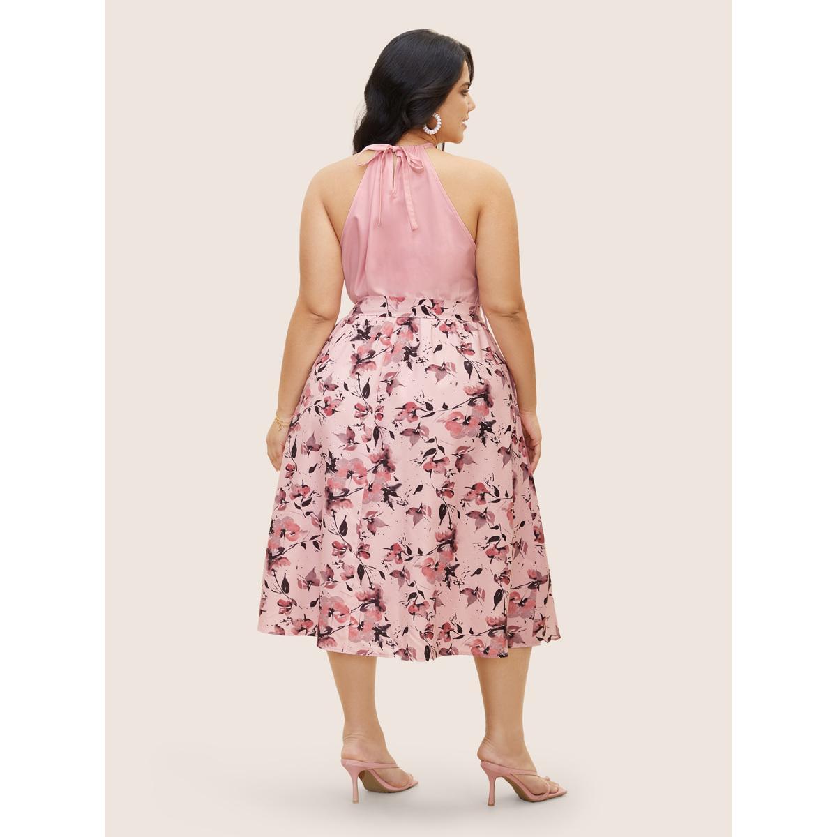 Plus Size Halter Neck Floral Patchwork Midi Dress Nudepink Women Elegant Belted Halter neck Sleeveless Curvy BloomChic 26/4X Product Image