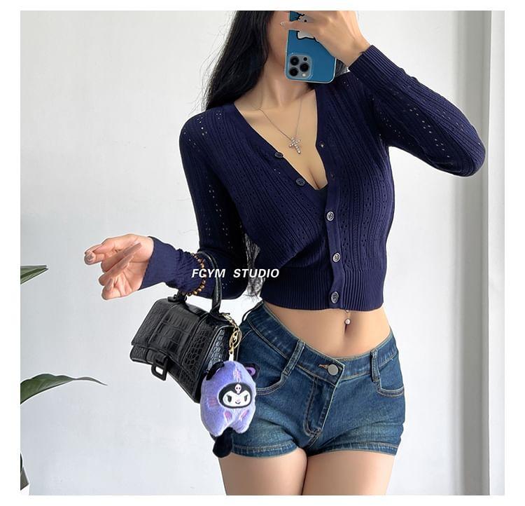 V-Neck Plain Pointelle Cardigan Product Image