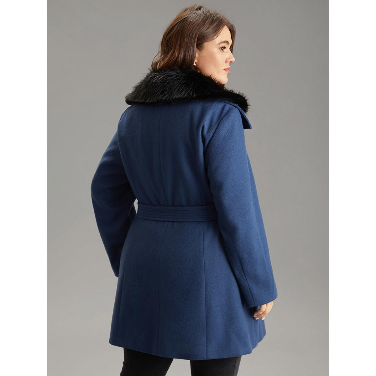 Plus Size Plain Fuzzy Trim Zipper Belted Coat Women DarkBlue Casual Lined Ladies Dailywear Winter Coats BloomChic 22-24/3X Product Image