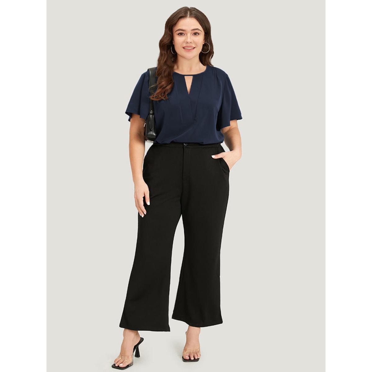 Plus Size Indigo Plain Cut Out Flutter Sleeve Pleated Blouse Women Office Short sleeve V-neck Work Blouses BloomChic 14-16/1X Product Image