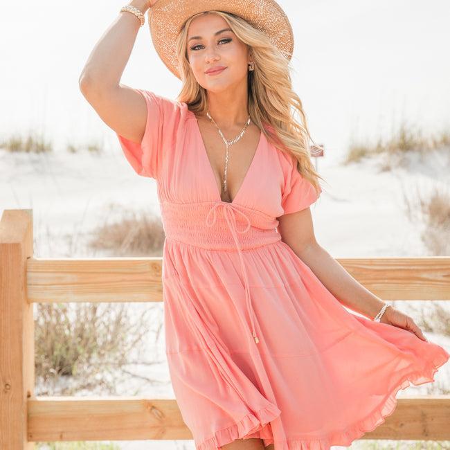 Urban Cowgirl Coral V-Neck Smocked Dress SALE Product Image