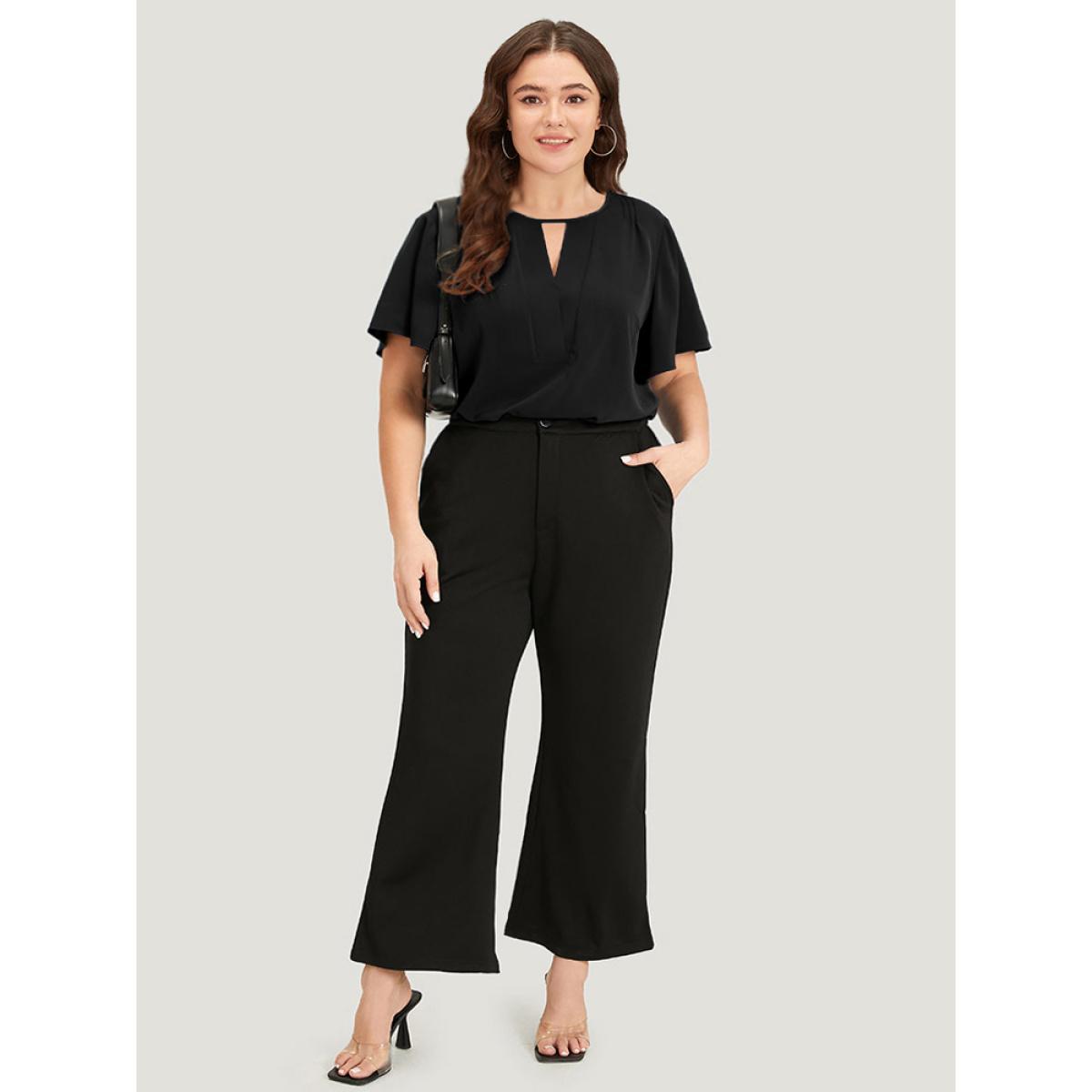 Plus Size Black Plain Cut Out Flutter Sleeve Pleated Blouse Women Office Short sleeve V-neck Work Blouses BloomChic 18-20/2X Product Image