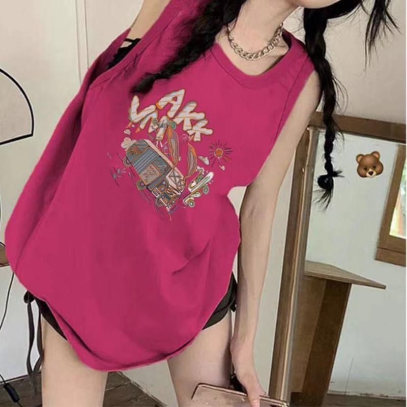 Scoop Neck Cartoon Print Tank Top Product Image