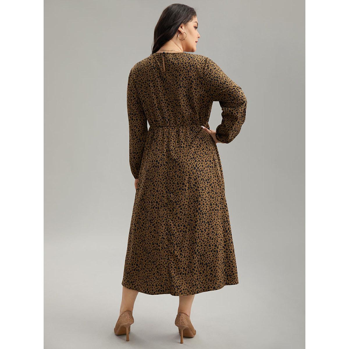 Plus Size Leopard Print Pocket Split Side Keyhole Dress DarkBrown Women Elegant Elastic cuffs Round Neck Long Sleeve Curvy Midi Dress BloomChic 18-20/2X Product Image