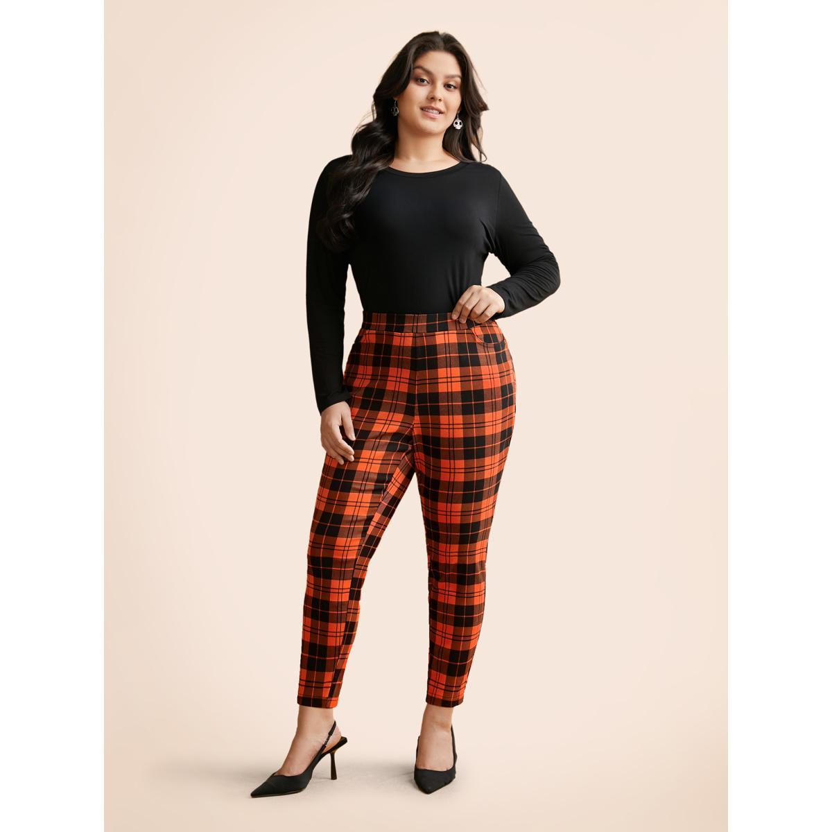Plus Size Stretchy Plaid Lounge Leggings Women Brightorange Elegant Medium stretch Skinny Mid Rise Everyday Leggings BloomChic 12/L Product Image
