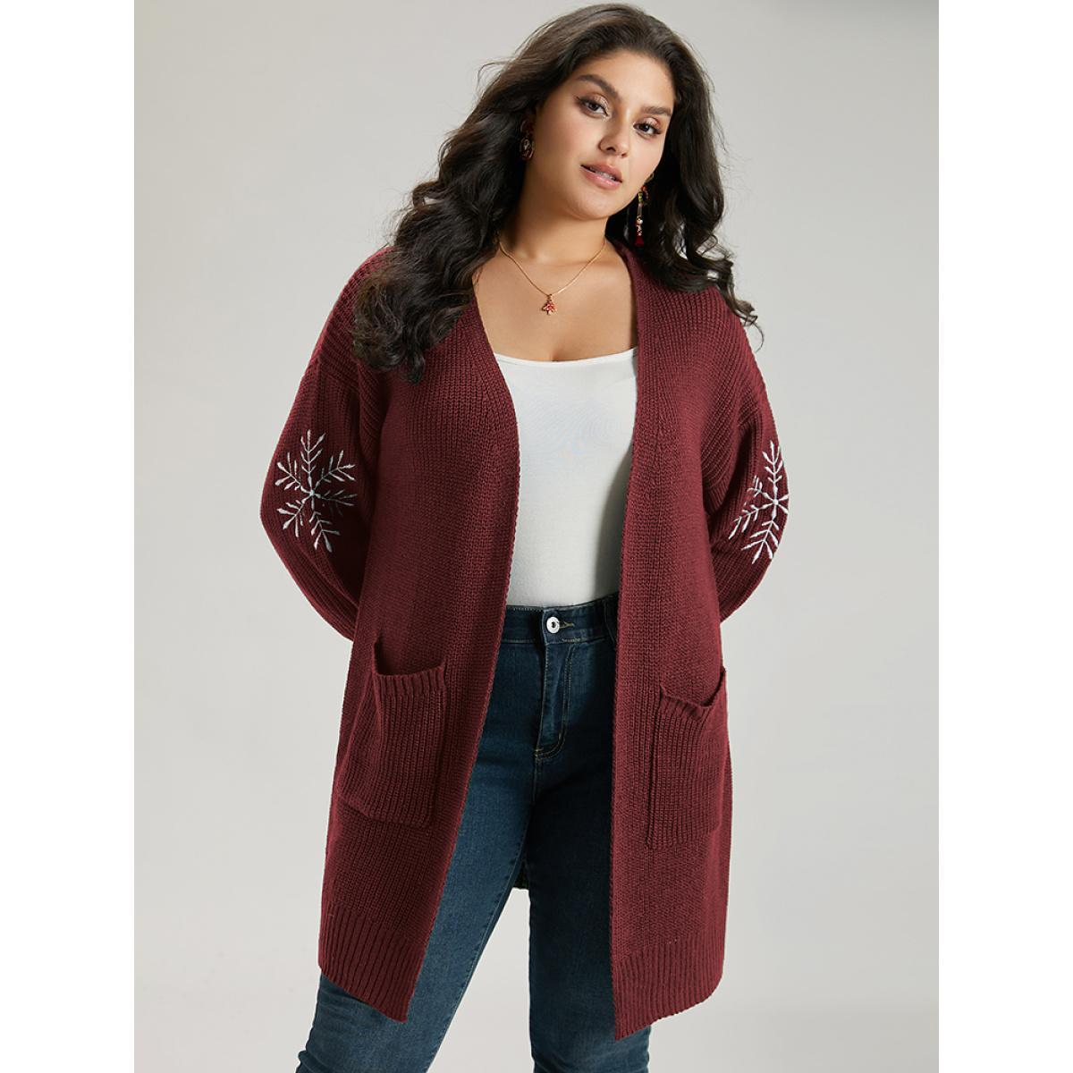 Plus Size Snowflake Embroidered Patched Pocket Cardigan Scarlet Women Casual Loose Long Sleeve Festival-Christmas Cardigans BloomChic 22-24/3X Product Image