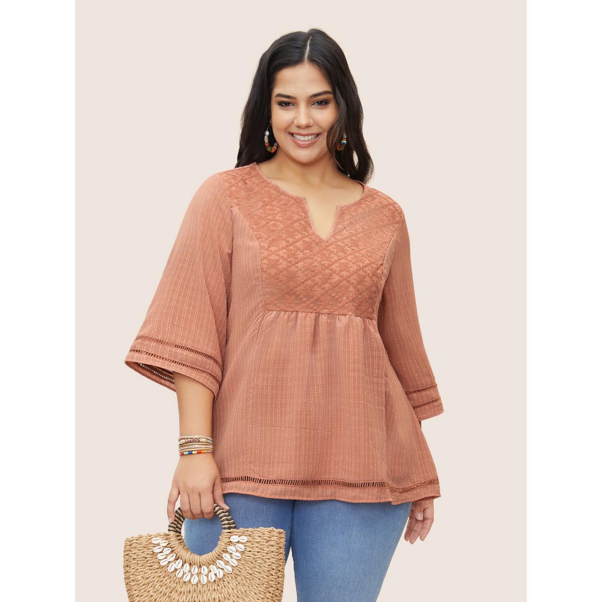 Plus Size Coral Solid Notched Lace Panel Bell Sleeve Blouse Women Resort Elbow-length sleeve Flat collar with V-notch Vacation Blouses BloomChic 10/M Product Image