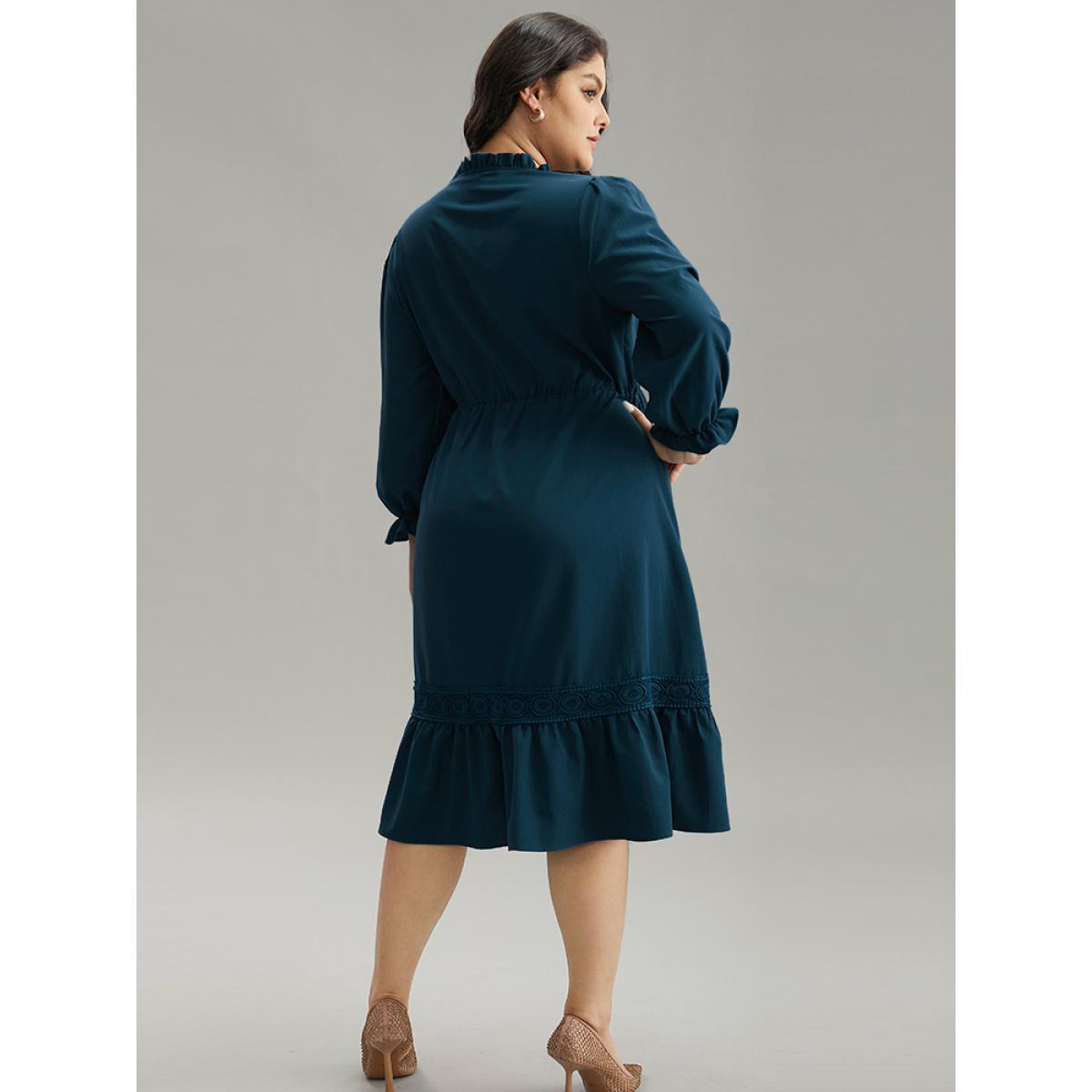 Plus Size Solid Frill Trim Guipure Lace Flutter Sleeve Dress Black Women At the Office Plain Notched collar Long Sleeve Curvy Midi Dress BloomChic 22-24/3X Product Image