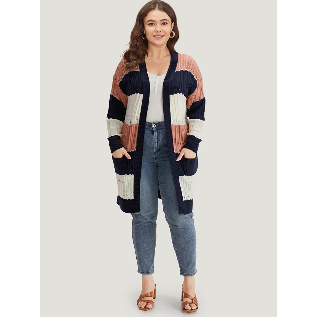 Plus Size Colorblock Contrast Eyelet Open Front Cardigan Multicolor Women Casual Loose Long Sleeve Dailywear Cardigans BloomChic 18-20/2X Product Image