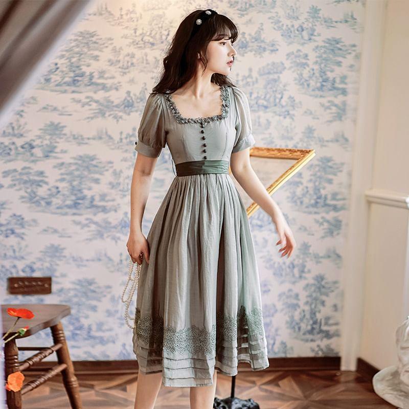 Short-Sleeve Square Neck Frill Trim Midi A-Line Dress Product Image
