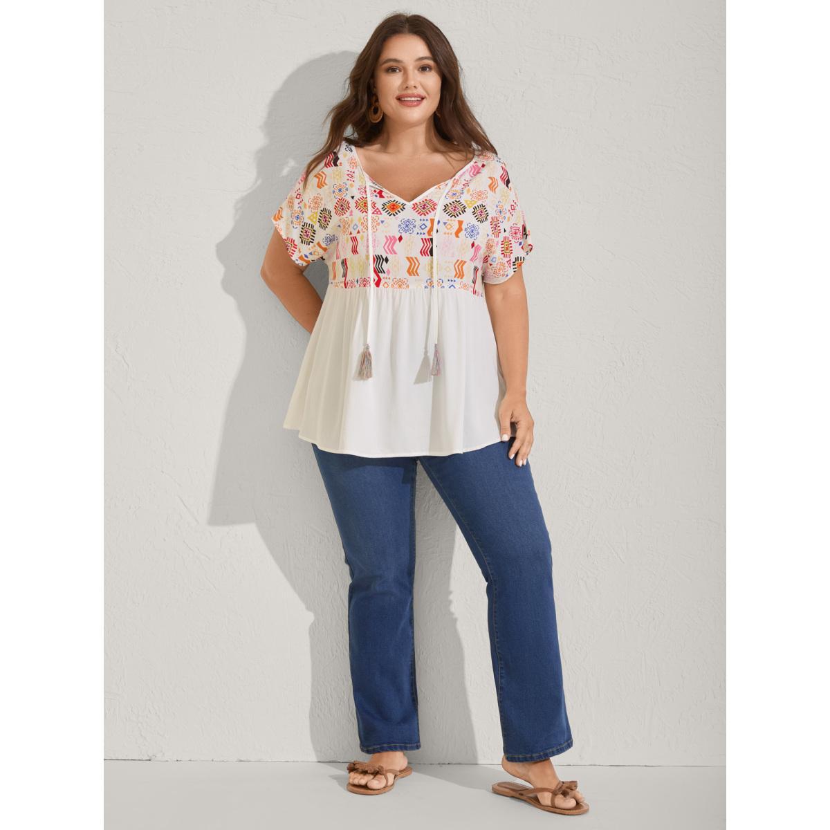 Plus Size WhiteSmoke Multicolor Boho Stripes Woven Cut-Out Blouse Women Short sleeve Flat collar with V-notch Vacation Blouses BloomChic 14-16/1X Product Image