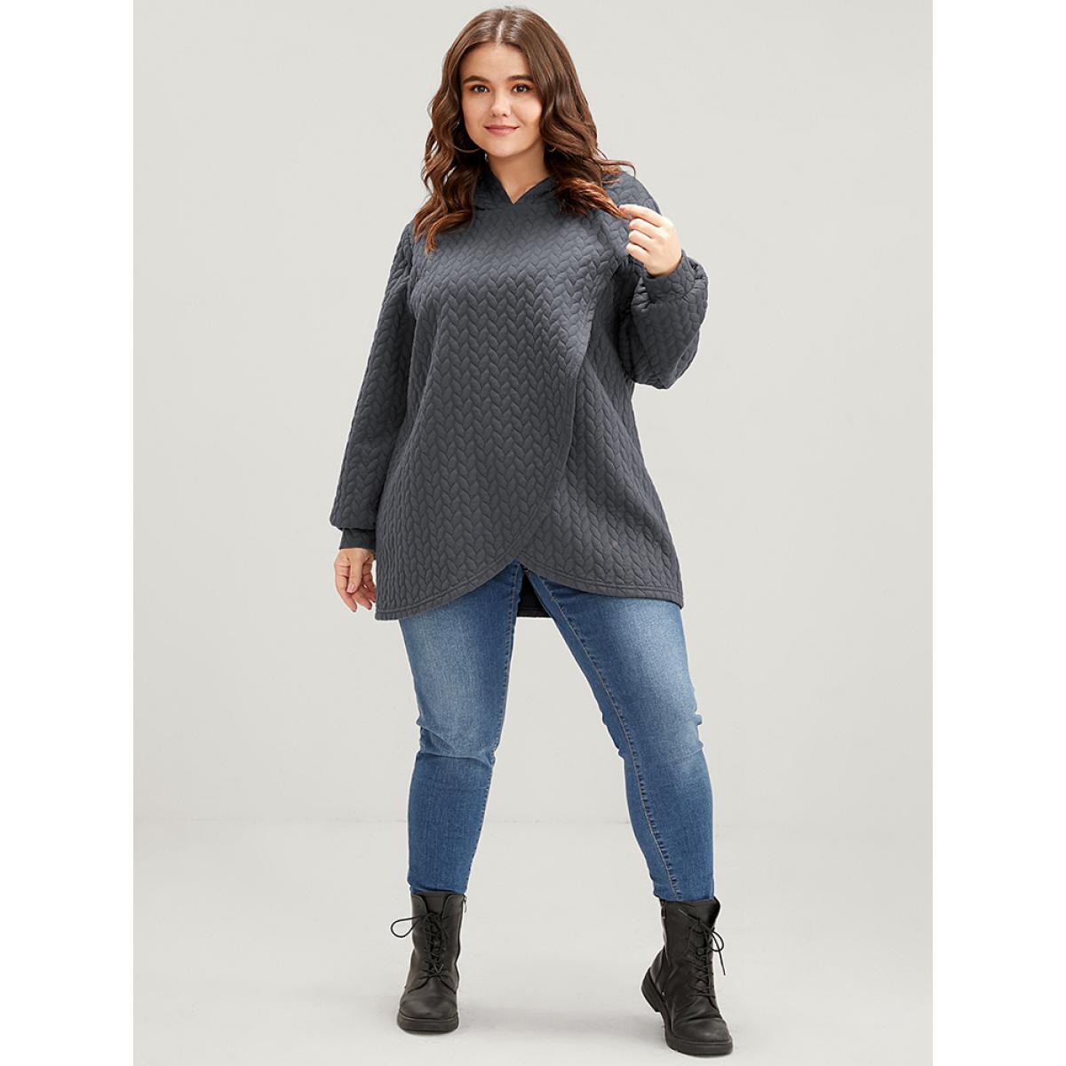 Plus Size Solid Asymmetrical Hem Cable Knit Hooded Sweatshirt Women DimGray Lounge Asymmetrical Hooded Everyday Sweatshirts BloomChic 30/6X Product Image