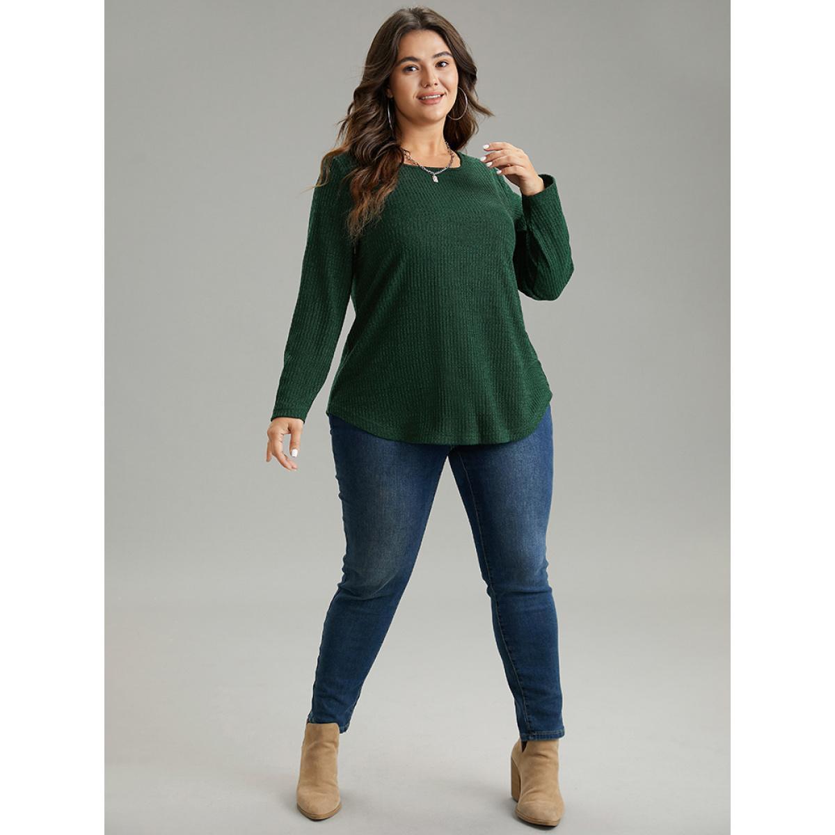 Plus Size Rib Knit Solid Crew Neck Button Detail T-shirt DarkGreen Women Casual Texture Plain Round Neck Dailywear T-shirts BloomChic 10/M Product Image