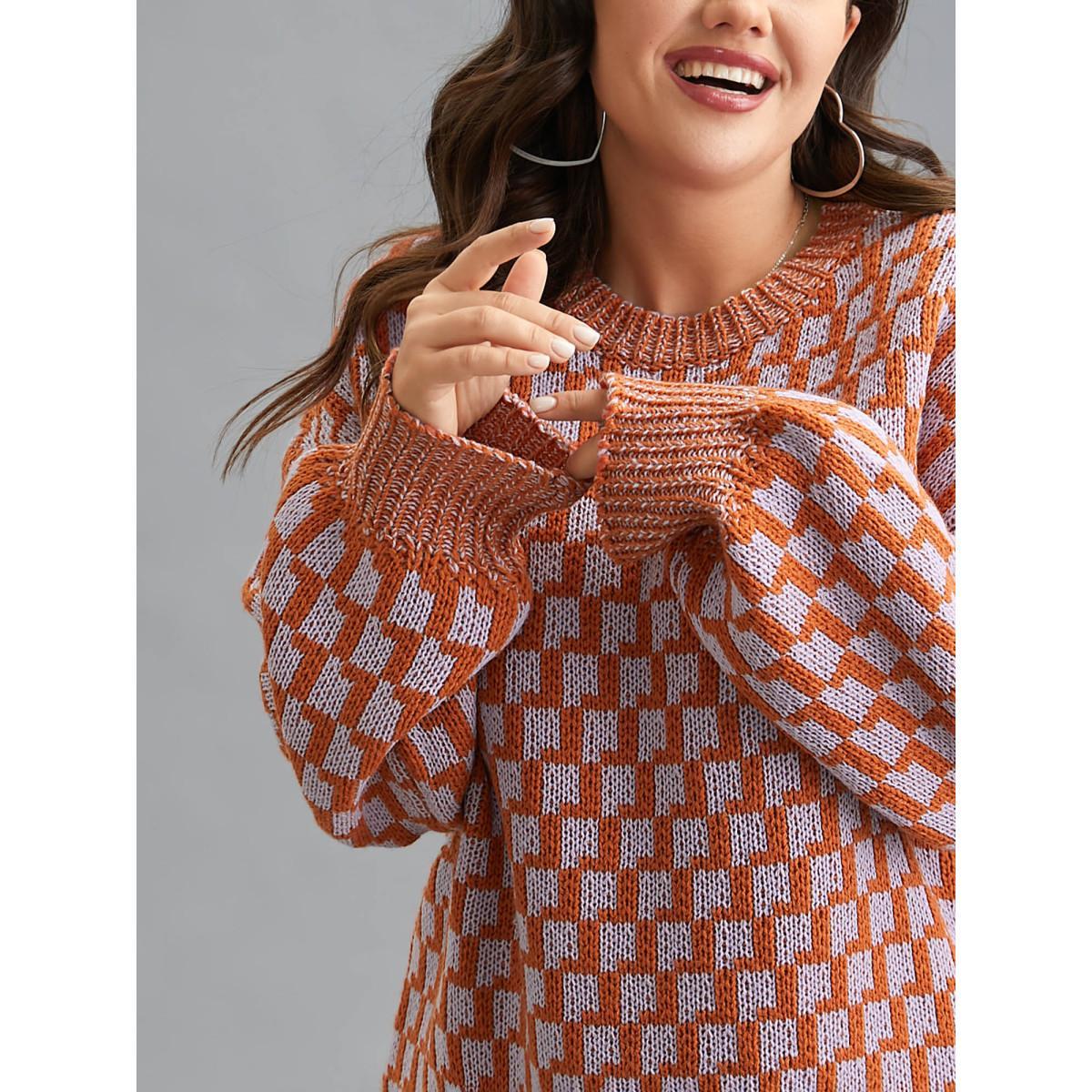 Plus Size Textured Color Contrast Side-Slit Pullover Brightorange Women Casual Loose Long Sleeve Round Neck Everyday Pullovers BloomChic 22-24/3X Product Image