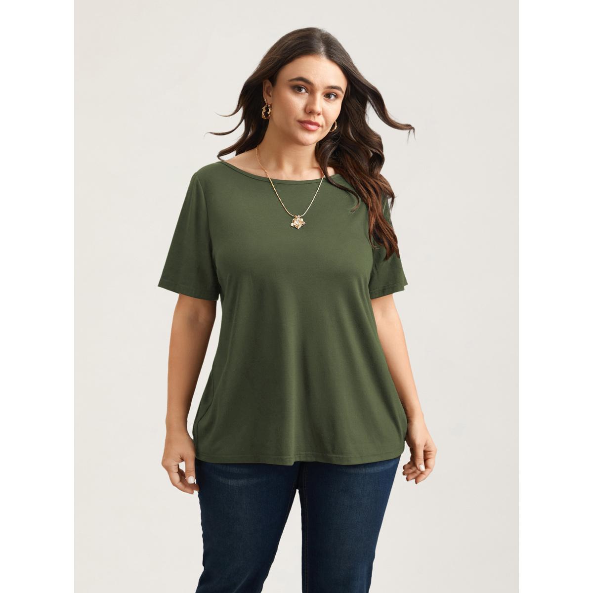 Plus Size Butterfly Back Stretchy Round Neck T-Shirt Indigo Women Elegant See through Round Neck Everyday T-shirts BloomChic 30/6X Product Image