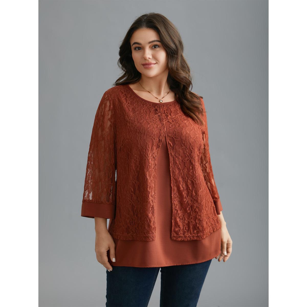 Plus Size Rust Sheer Lace Sleeve Open-Front Design Blouse Women Elegant Elbow-length sleeve Round Neck Everyday Blouses BloomChic 28/5X Product Image