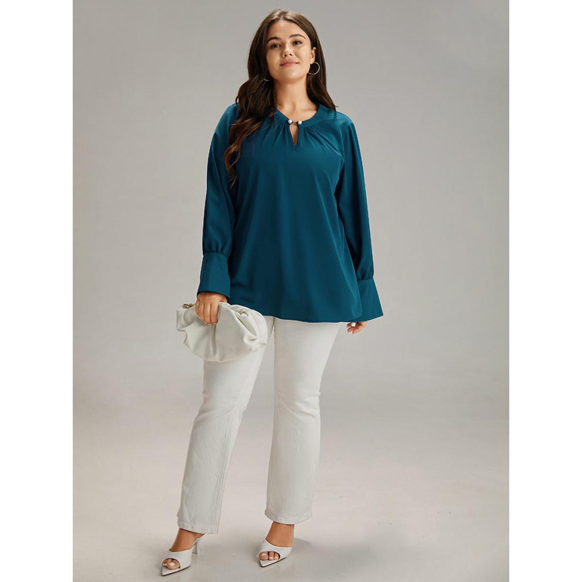 Plus Size Aegean Plain Pearl Beaded Plicated Detail Blouse Women Office Long Sleeve Round Neck Work Blouses BloomChic 30/6X Product Image