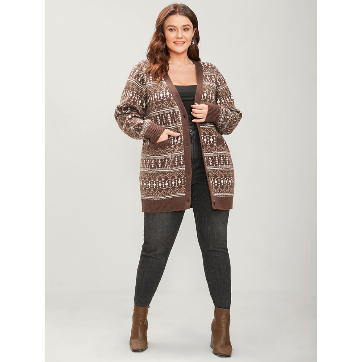 Plus Size Bandana Contrast Super Soft Knit Pocket Open Front Cardigan Tan Women Casual Loose Long Sleeve Dailywear Cardigans BloomChic 14-16/1X Product Image