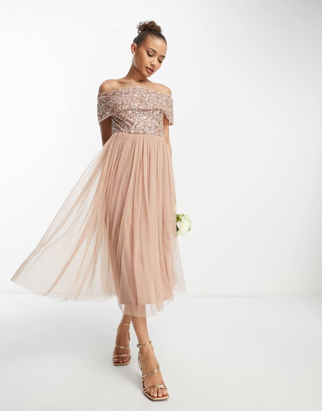 Beauut Bridesmaid bardot embellished midi dress Product Image