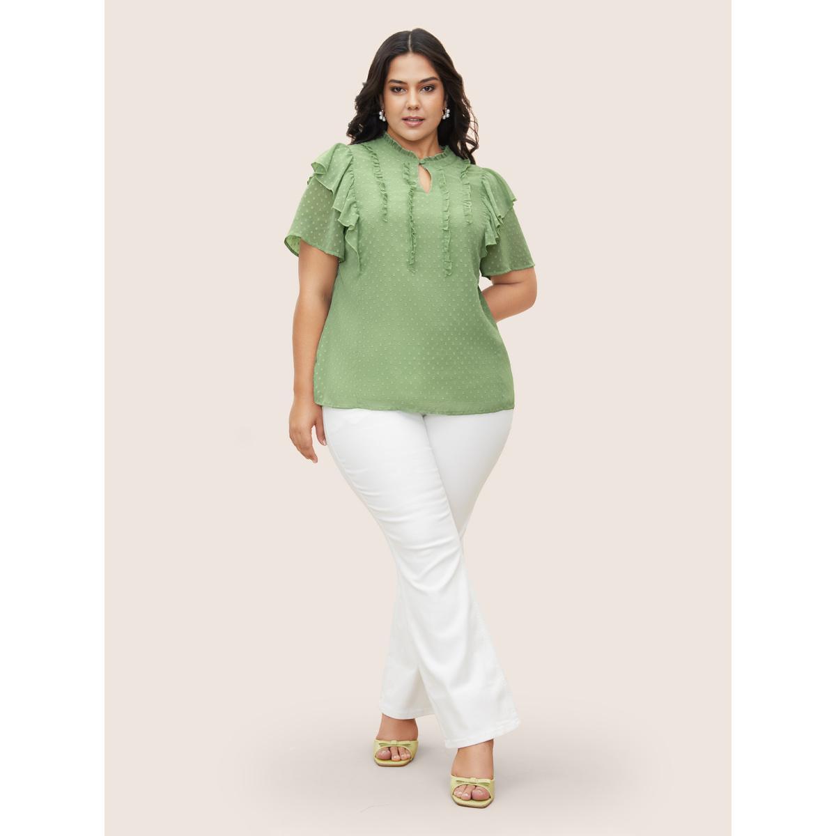 Plus Size Mint Texture Frill Trim Ruffle Sleeve Blouse Women Elegant Short sleeve Mock Neck Everyday Blouses BloomChic 26/4X Product Image